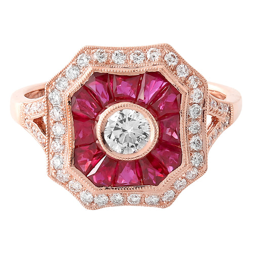 Ruby and Diamond Art-Deco Halo Ring