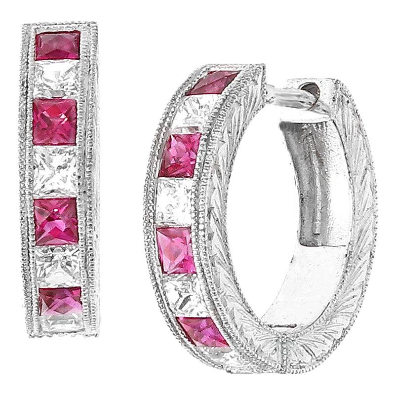 Princess Cut Diamond and Ruby Huggies