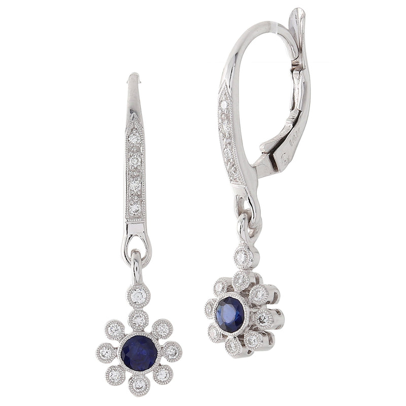 Bezel Set Floral Sapphire Dangle Leverback Earrings