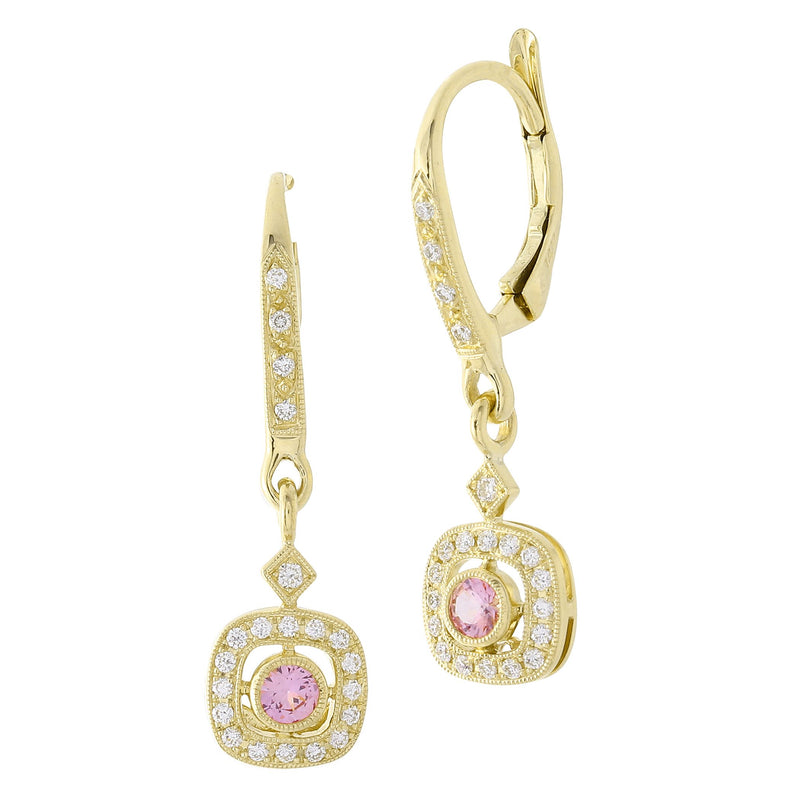 Bezel Set Pink Sapphire and Diamond Dangle Leverback Earrings