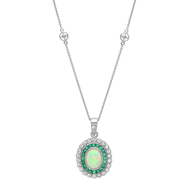 Opal Center with French Cut Emerald and Diamond Pendant