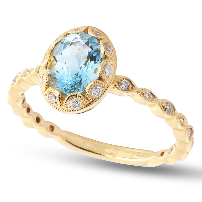 Oval Cut Aqua Center and Diamond Ring