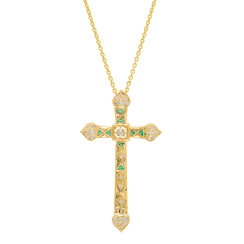 Yellow Gold Diamond and Emerald Cross Pendant