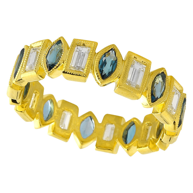 Bezel Set Blue Topaz and Baguette Diamond Band
