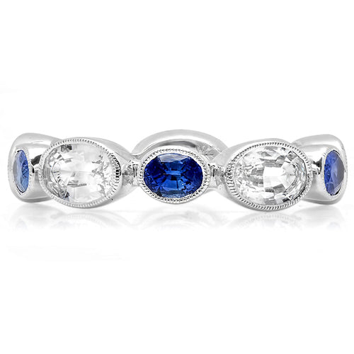Oval Cut White and Blue Sapphire Wide Band