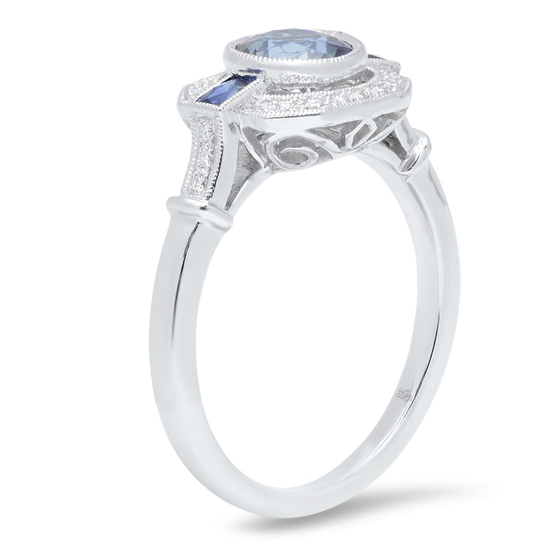 Round Cut Diamonds Halo with Sapphire Baguettes Mount