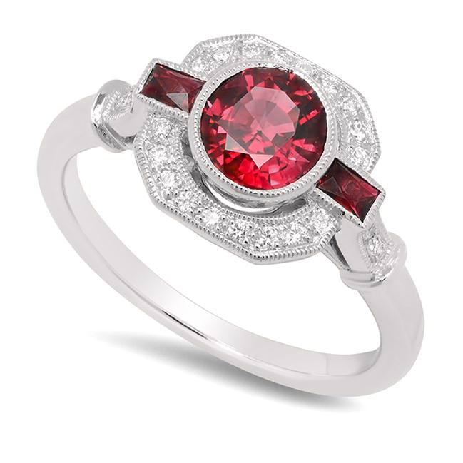 Round Cut Diamond Halo with Baguette Cut Ruby Semi-Mount