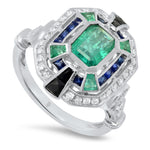 Art Deco Emerald Center with Onyx and French Cut Sapphires Mount