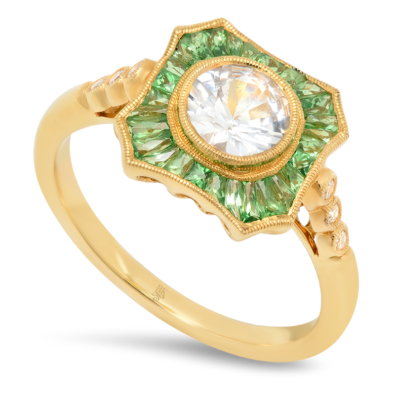 French Cut Tsavorite Halo with White Sapphire Center Mount
