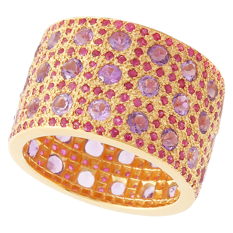 Yellow Gold Ruby and Amethyst Wide Band
