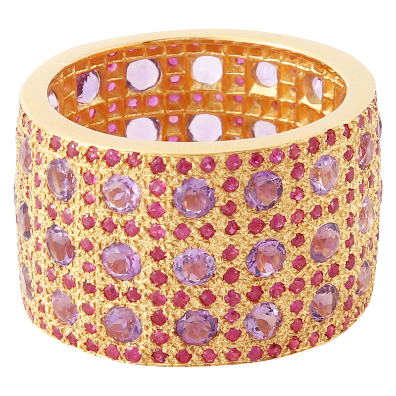 Yellow Gold Ruby and Amethyst Wide Band
