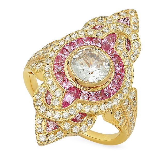 Diamond and Pink Sapphire Ring with White Sapphire Center