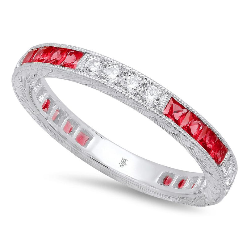 French Cut Ruby and Round Diamond Eternity Band