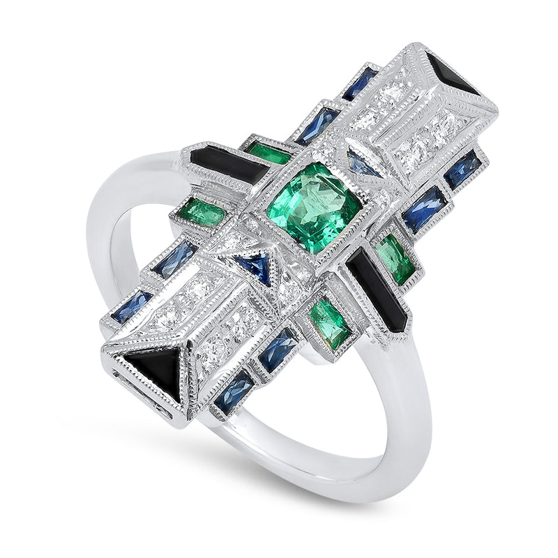 Art Deco Emerald, Onyx and Sapphire Ring