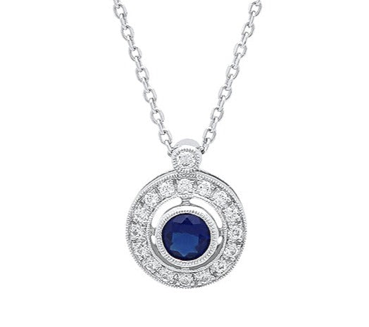 Round Cut Sapphire Center and Diamond Halo Pendant