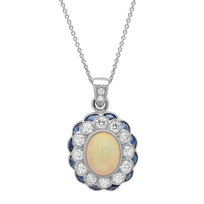Opal Center Diamond and Sapphire Pendant