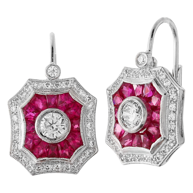 Ruby and Diamond Art-Deco Halo Leverback Earrings
