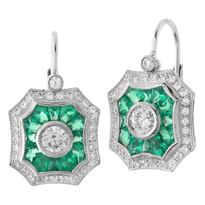 Tsavorite and Diamond Art-Deco Halo Leverback Earrings