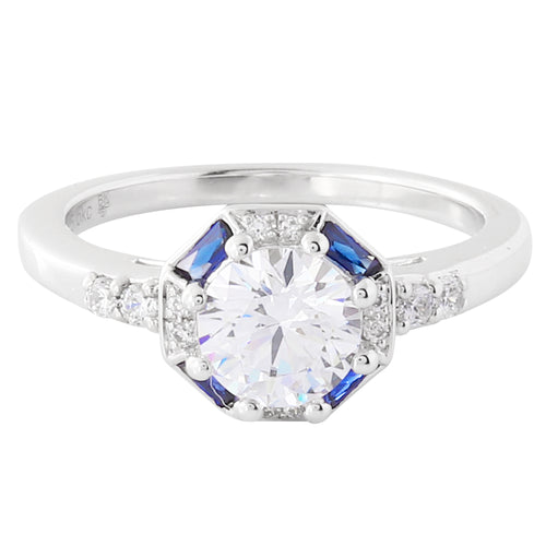 8 Prong Diamond and Baguette Sapphire Halo Engagement Semi-Mount