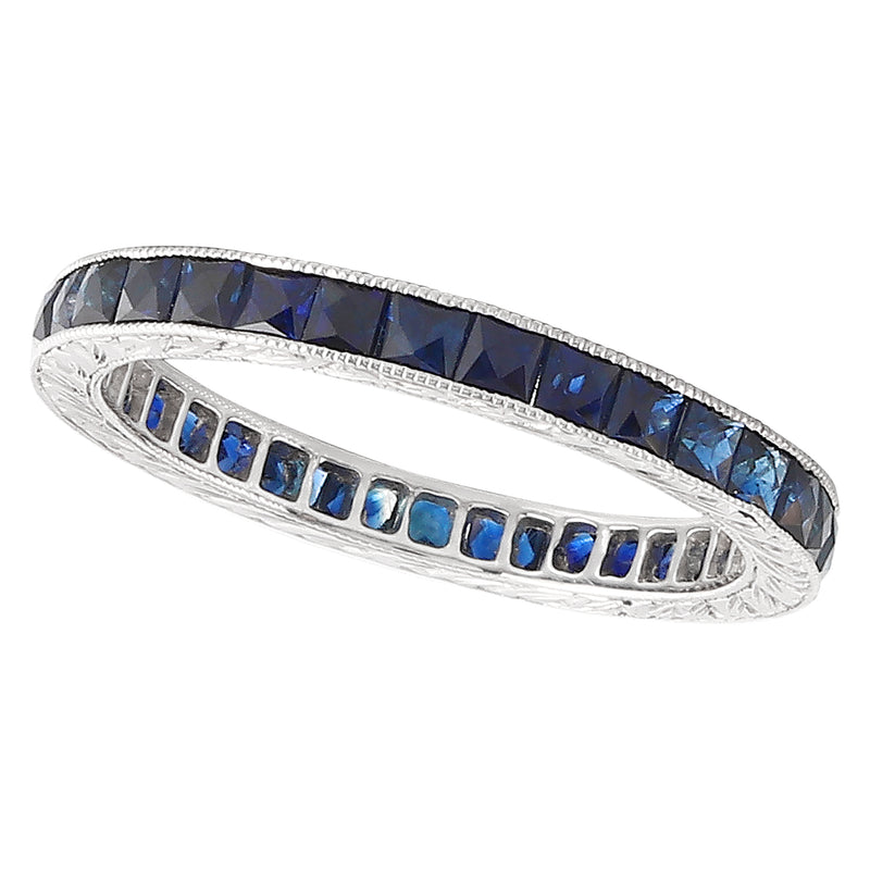 Channel Set French Cut Sapphire Engraved Eternity Band