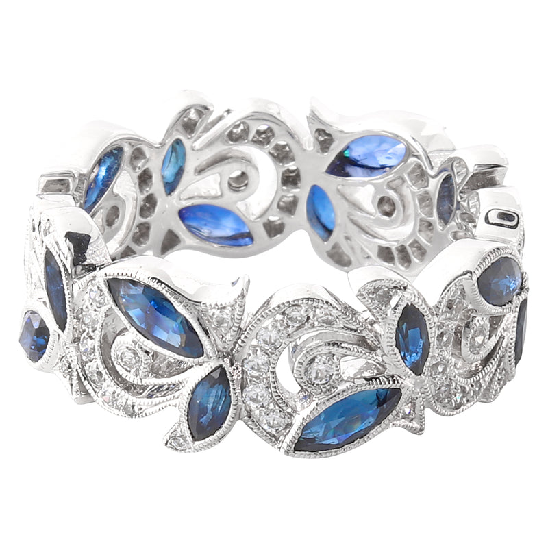 Marquise Cut Blue Sapphire Set in Diamond Floral Eternity Band
