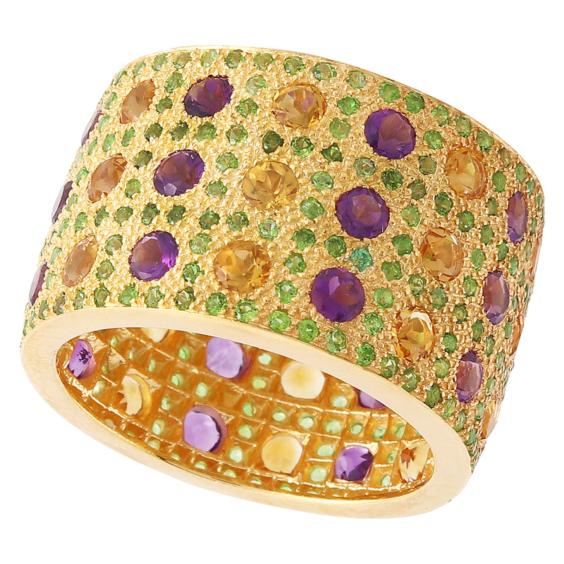 Yellow Gold Citrine, Tsavorite, and Amethyst Wide Band