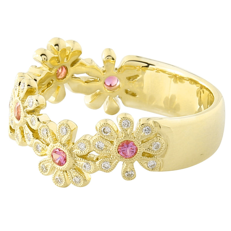 Bezel Set Pink Sapphire Floral Band Halfway Around