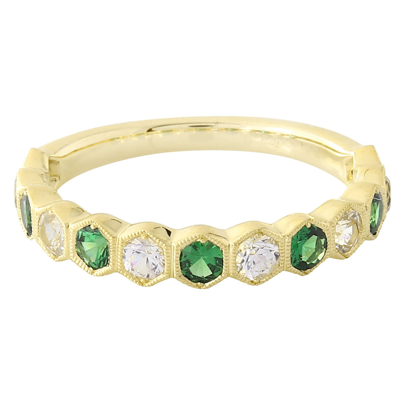 Prong Set White Sapphire and Tsavorite Hexagon Band Halfway Around