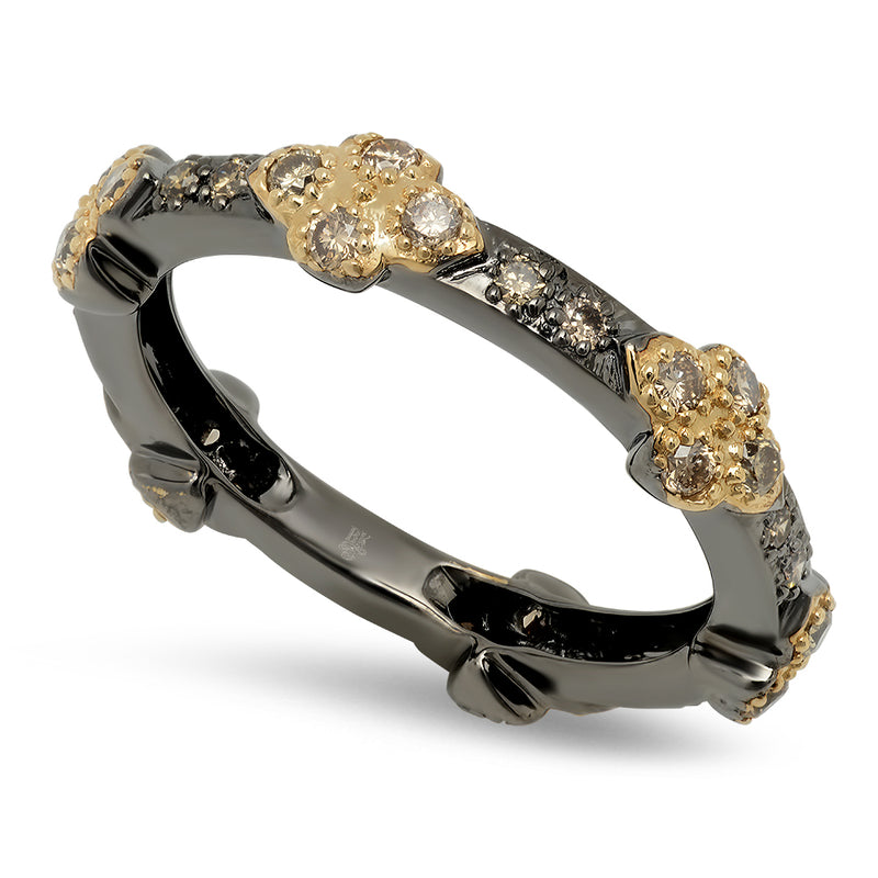 Cognac Diamond Eternity Band with Black Rhodium Plating and Yellow Gold Clovers | Beverley K