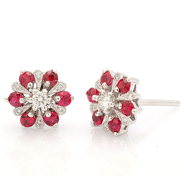 Diamond and Ruby Flower Stud Earrings | Beverley K 