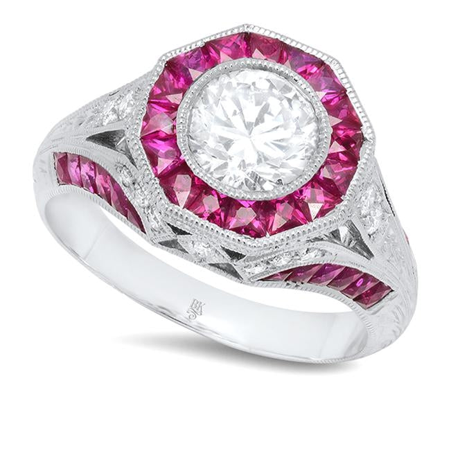 French Cut Ruby Hexagon Halo and Diamond Ring | Beverley K
