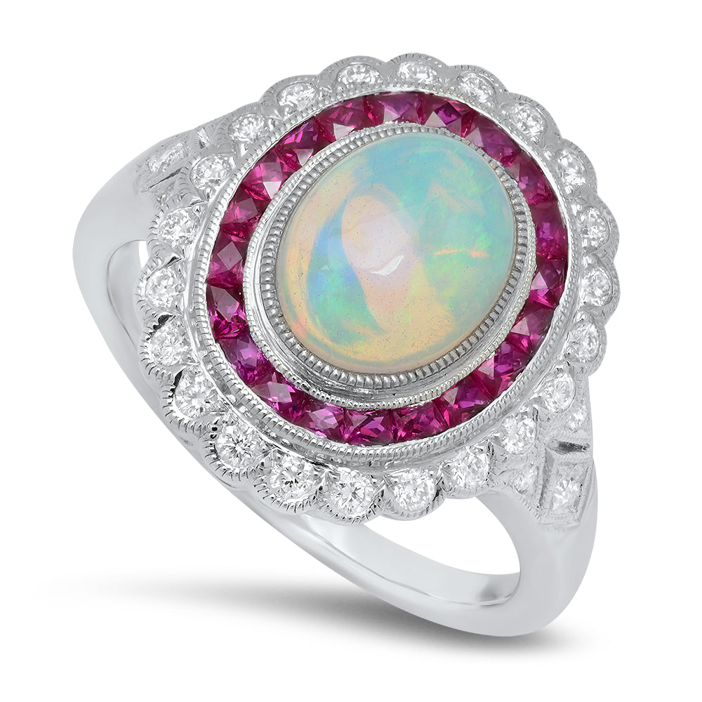 Opal Ring with Diamond and Ruby | Beverley K
