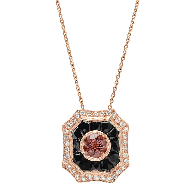Pink Tourmaline, Onyx, and Diamond Necklace
