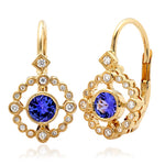 Bezel Set Diamonds Halo and Sapphire Earrings