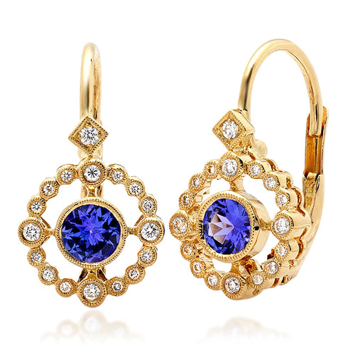 Bezel Set Diamonds Halo and Sapphire Earrings