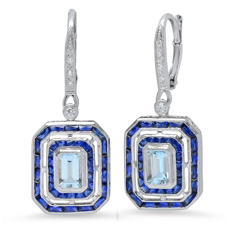 Emerald Cut Aqua Center Huggies with Sapphire and Diamonds