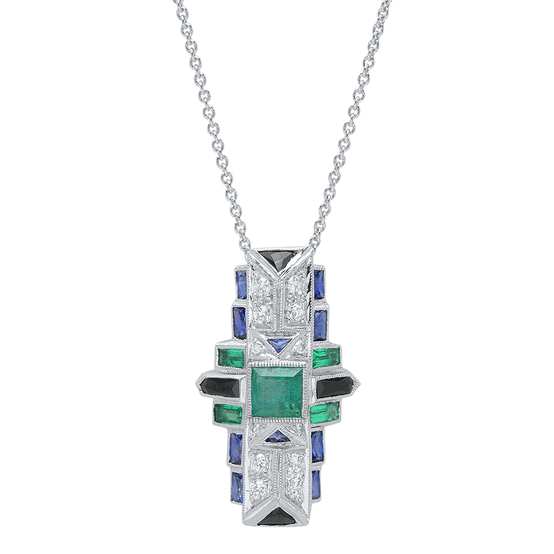 Emerald, Sapphire, Onyx and Diamond Art Deco Pendant