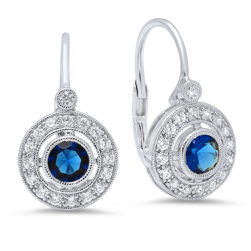 Round Sapphire Bezel Set Diamond Earrings