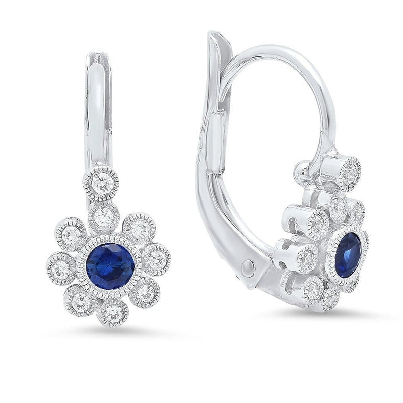 Bezel Set Sapphire and Diamond Floral Leverback Earrings