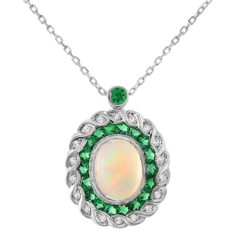 Opal Center Pendant with Diamond and Tsavorite Halo Pendant