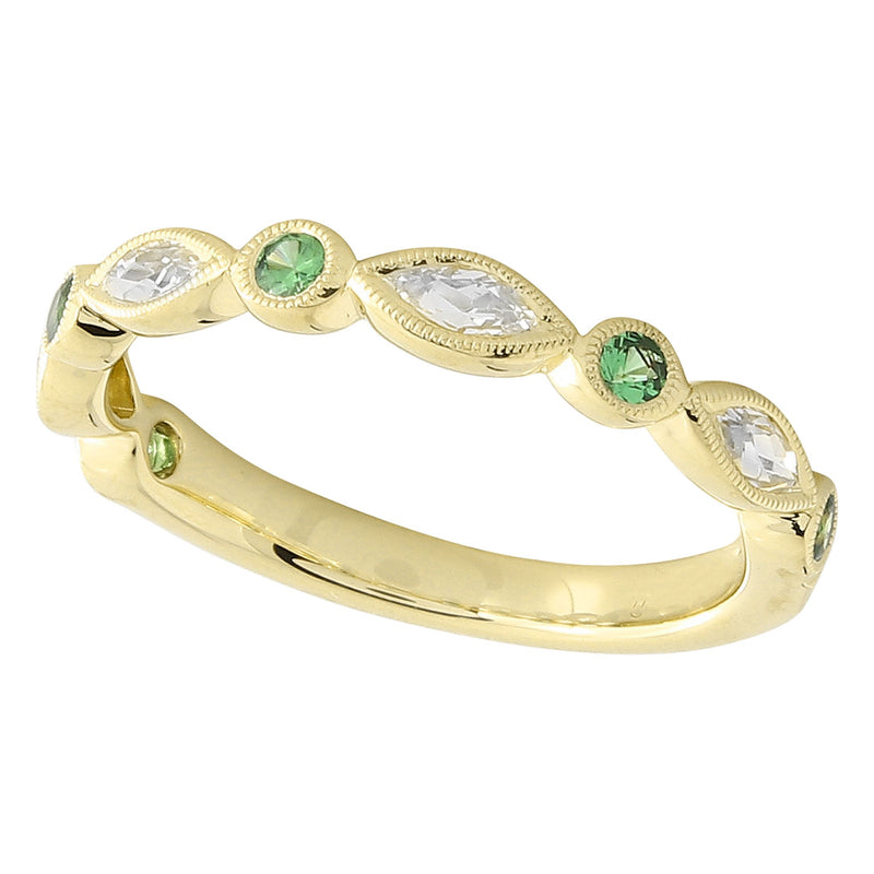 Bezel Set Marquise Cut White Sapphire and Tsavorite Band Halfway Around