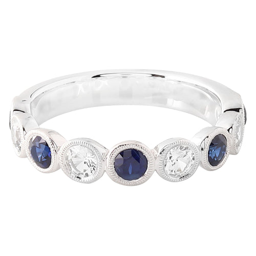 Bezel Set Round White and Blue Sapphire Band Halfway Around