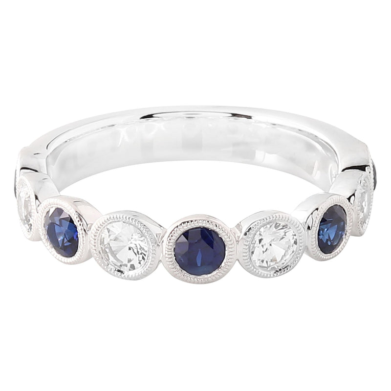 Bezel Set Round White and Blue Sapphire Band Halfway Around