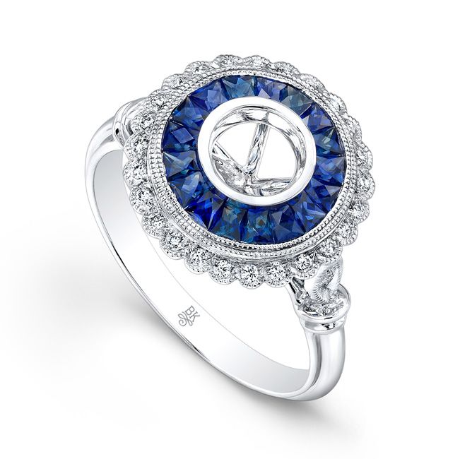 French Cut Sapphire and Diamond Halo Engagement Semi-Mount