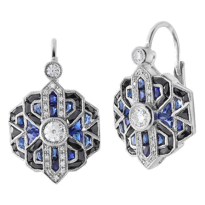 Art Deco Sapphire, Onyx, and Diamond Leverback Earrings