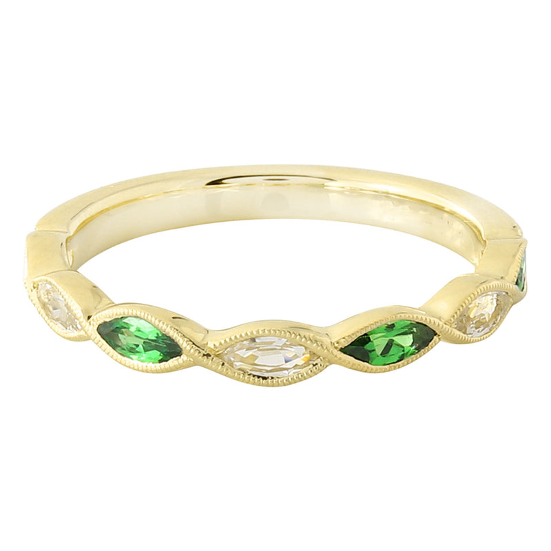 Bezel Set Marquise Cut White Sapphire and Tsavorite Band Halfway Around