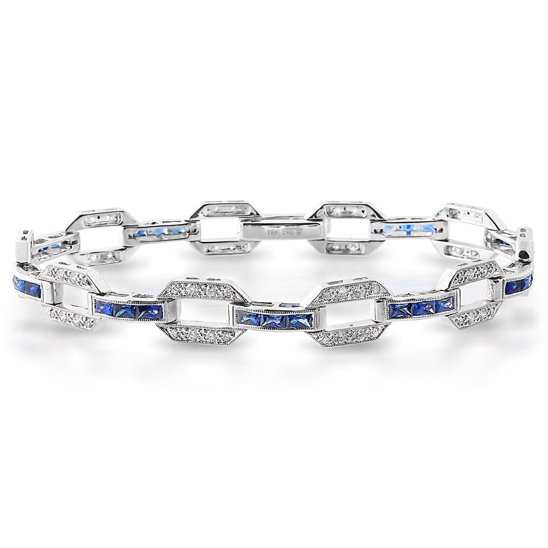 Baguette Cut Sapphire and Diamond Chain Link Tennis Bracelet