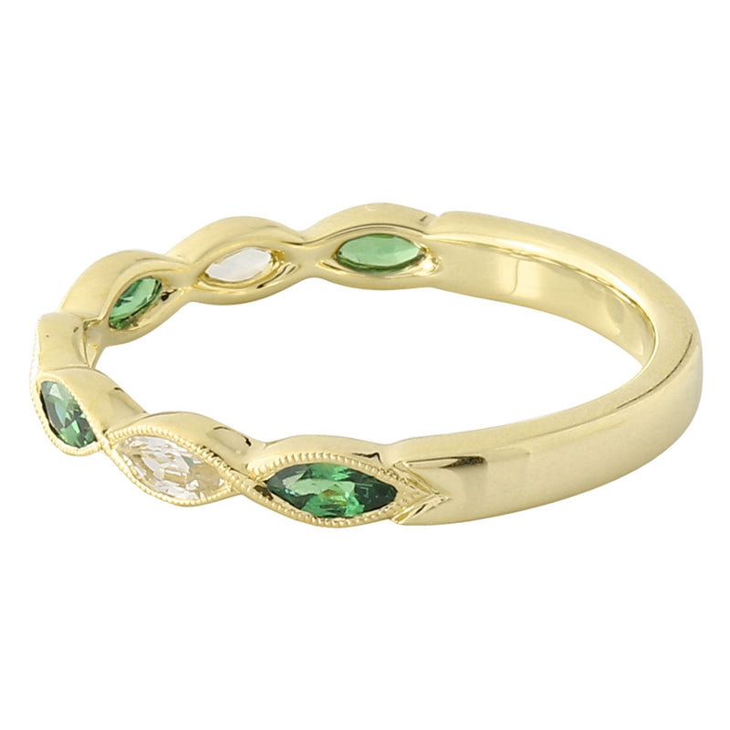 Bezel Set Marquise Cut White Sapphire and Tsavorite Band Halfway Around