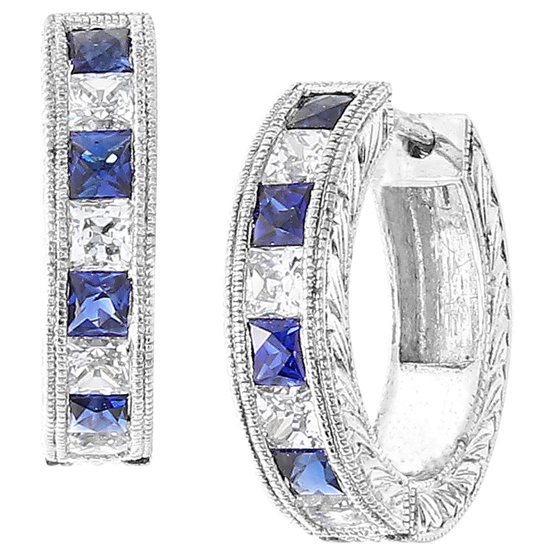 Princess Cut Diamond and Sapphire Huggies