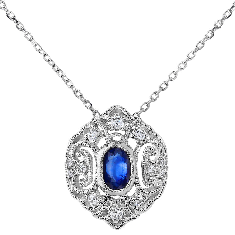 Vintage Inspired Blue Sapphire and Diamond Pendant
